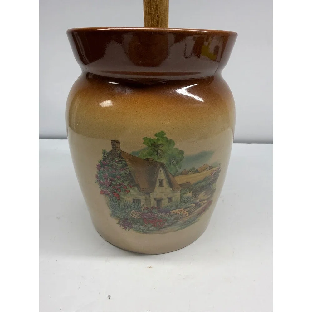 Vintage Stoneware Butter Churn Crock with Wooden Dasher Cottage Scene Brown Tan